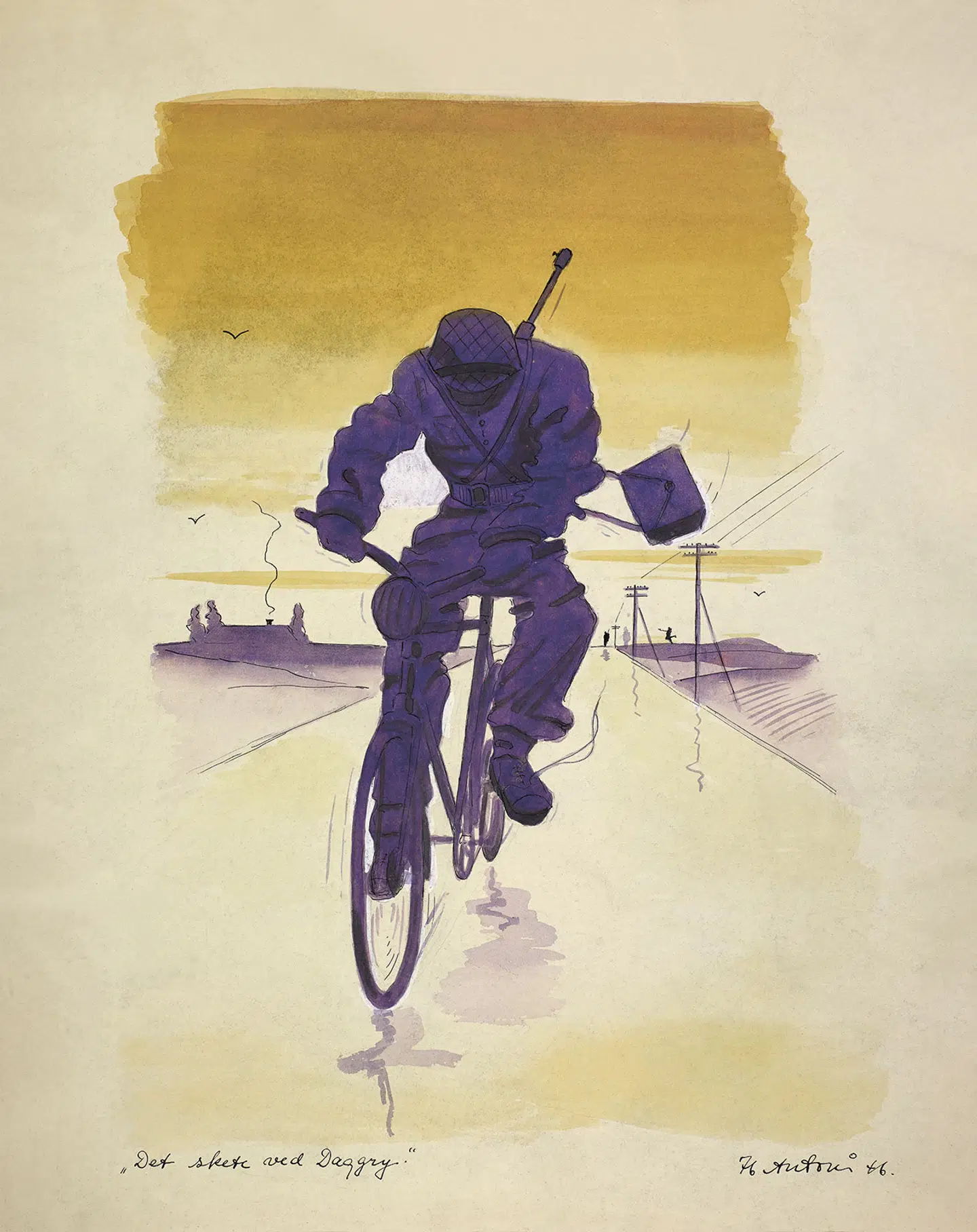 Ib Antoni lærte FDF-førerne Milton Sigvard Nielsen og Knud Dreyer Sørensen at kende på FDF-sommerlejre. Begge var aktive i modstandskampen. Skitsen »Det skete ved Daggry« af en frihedskæmper på cykel tegnede Ib Antoni i 1946, da han var 17 år gammel. Milton Sigvard Nielsen blev dræbt af nazisterne. Illustration fra udstillingen.