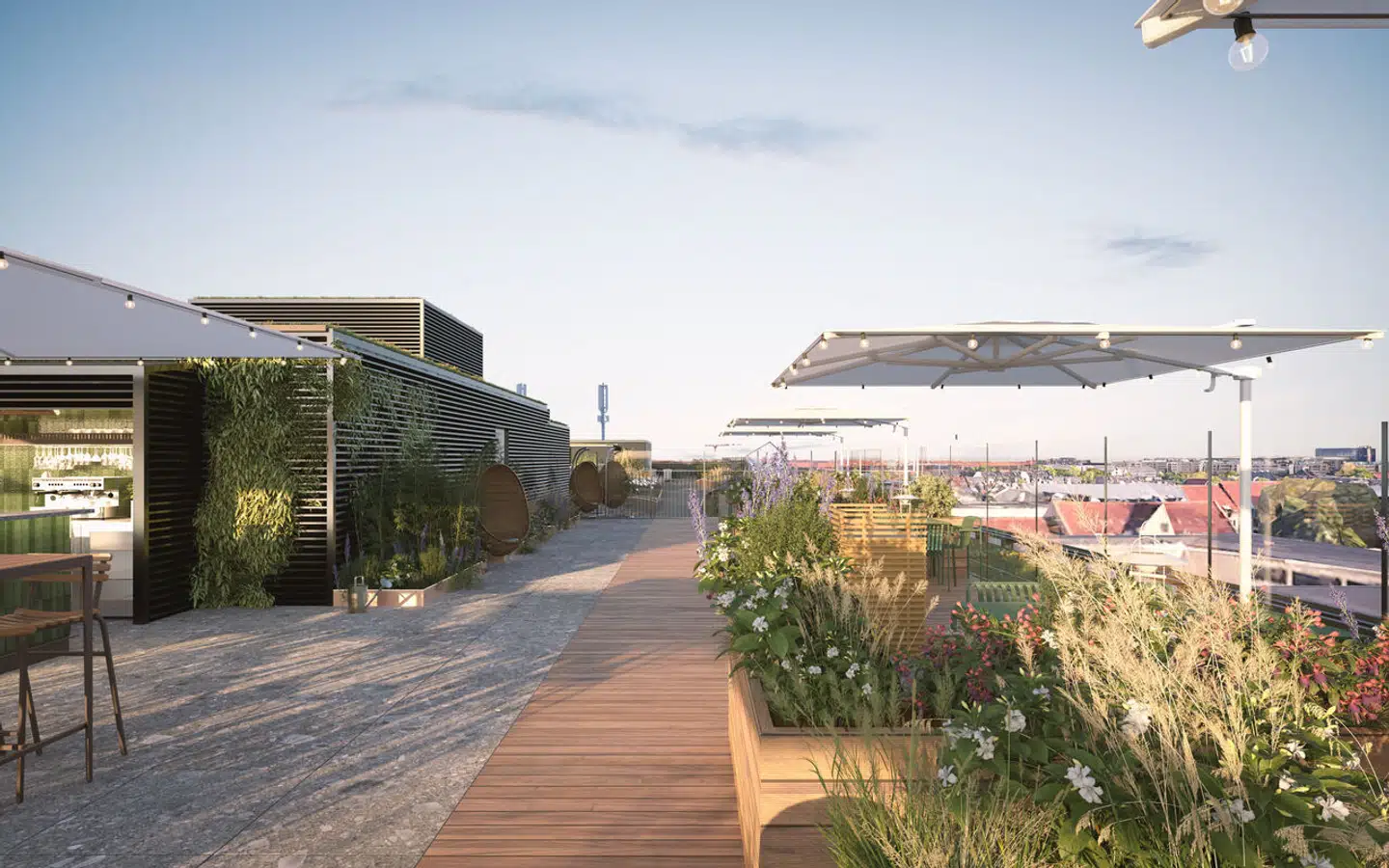 Tagterrassen er på cirka 600 kvadratmeter. Denne del er dækket af planter.