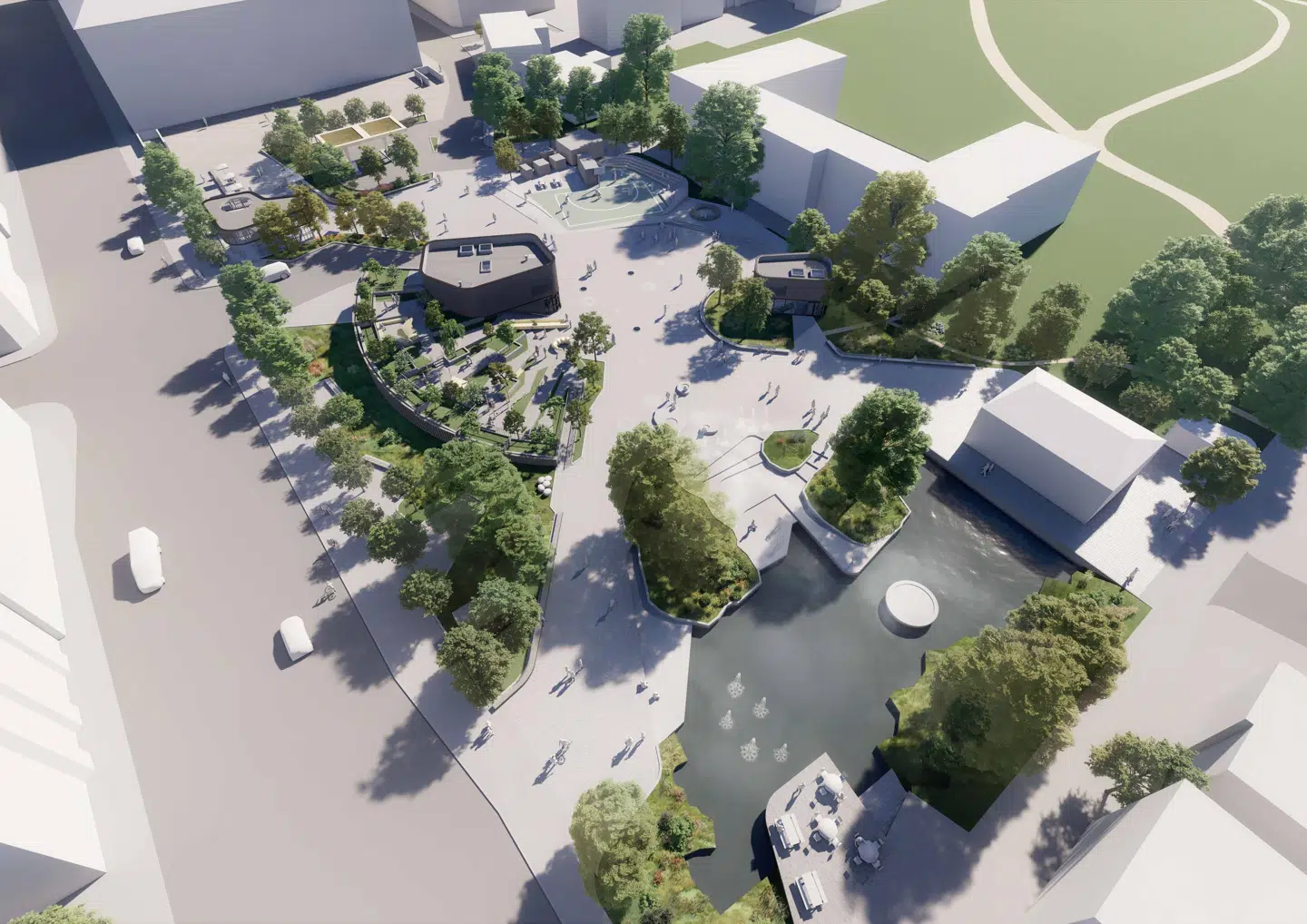 Sådan forestiller arkitekterne sig, at pladsen bag Frederiksberg Rådhus skal se ud. Rådhuset ligger øverst og 4. Maj Kollegiet til højre i billedet.