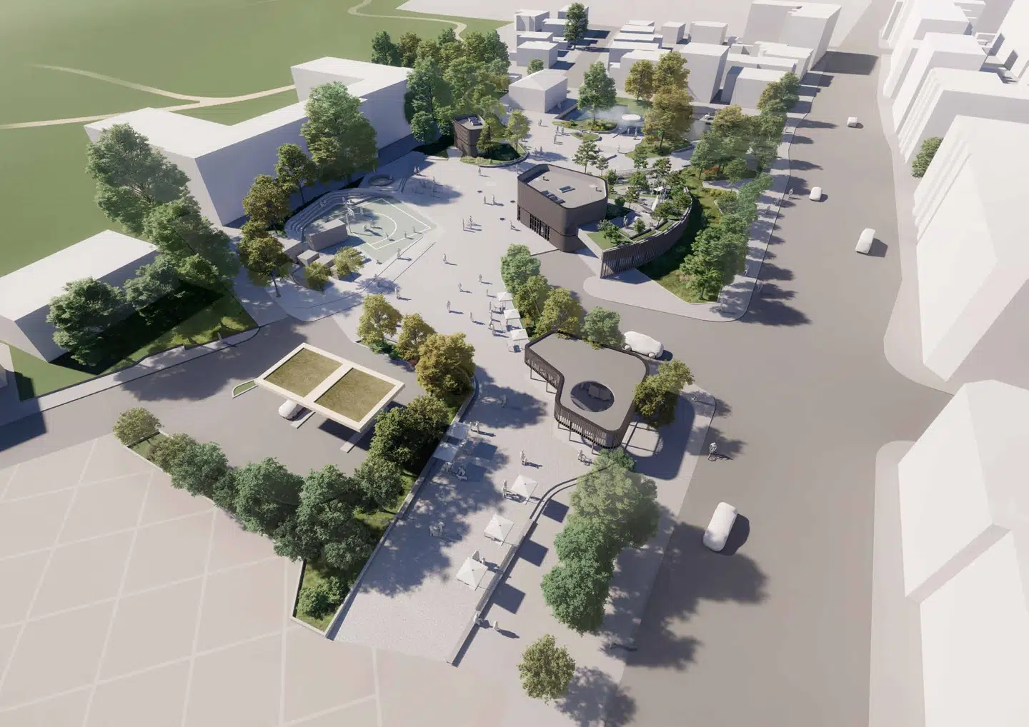 Her ses planen om pladsen bag Frederiksberg Rådhus fra en anden vinkel. Den store bygning til venstre side er 4. Maj Kollegiet.