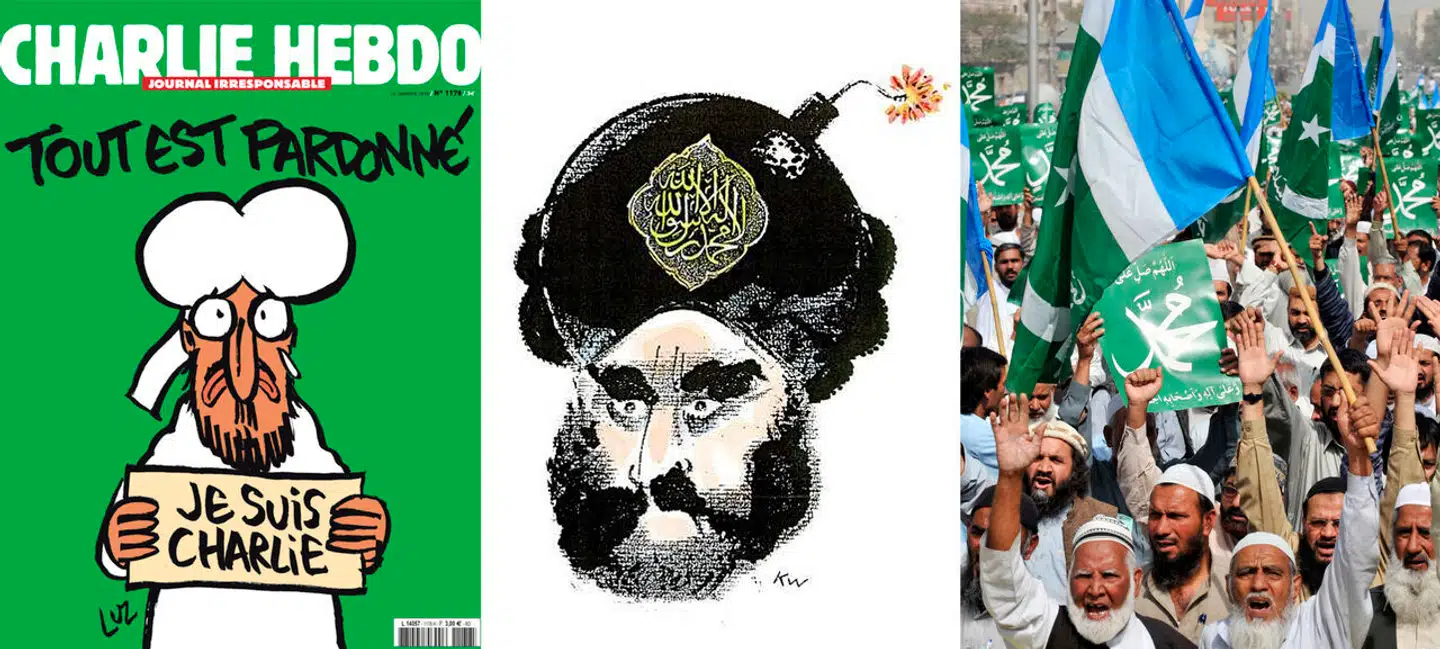 Tegninger, protester og terror: 1) Forsiden på Charlie Hebdo efter terrorangrebet på det franske magasin i januar 2015. 2) Kurt Westergaards tegning, en af de 12 Muhammed-tegninger, som Jyllands-Posten bragte 30. september 2005. 3) Protester i Pakistan i februar 2008 efter genoptryk af Muhammed-tegninger i flere europæiske aviser. Kreditering: Charlie Hebdo / Kurt Westergaard / Rizwan Tabassum / AFP / Ritau Scanpix
