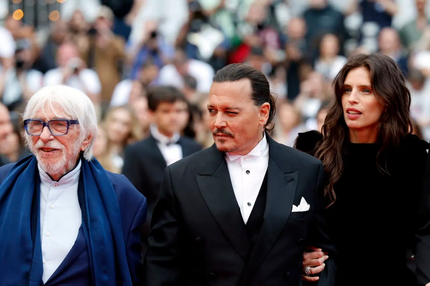 Skuespilleren Pierre Richard, Johnny Depp og Maïwenn fotograferet i Cannes.