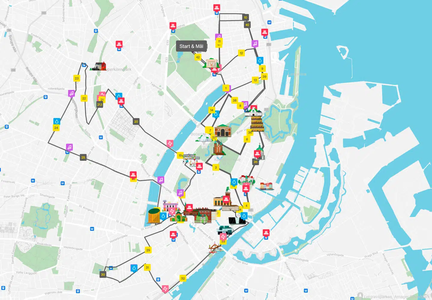 Kortet viser løberuten, som strækker sig over flere bydele.