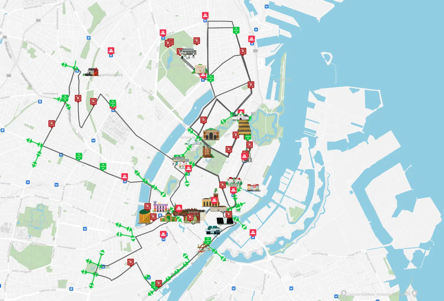 På kortet kan du både se, hvor der er parkeringsforbud, og hvor man kan krydse med sin bil.