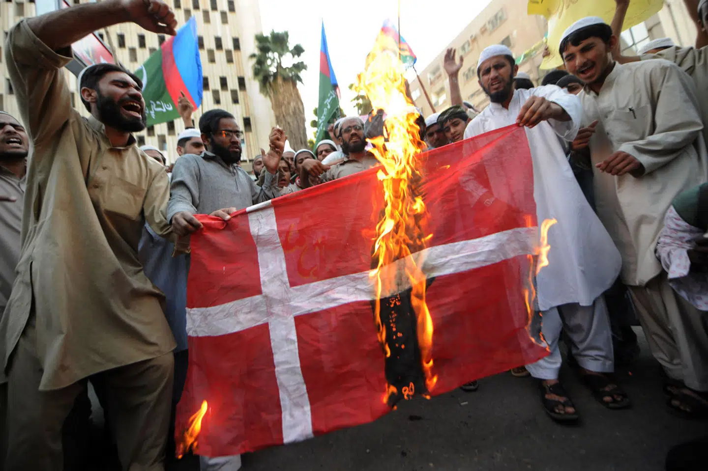 Demonstration mod Danmark og Muhammedtegningerne i Karachi i Pakistan i 2008.