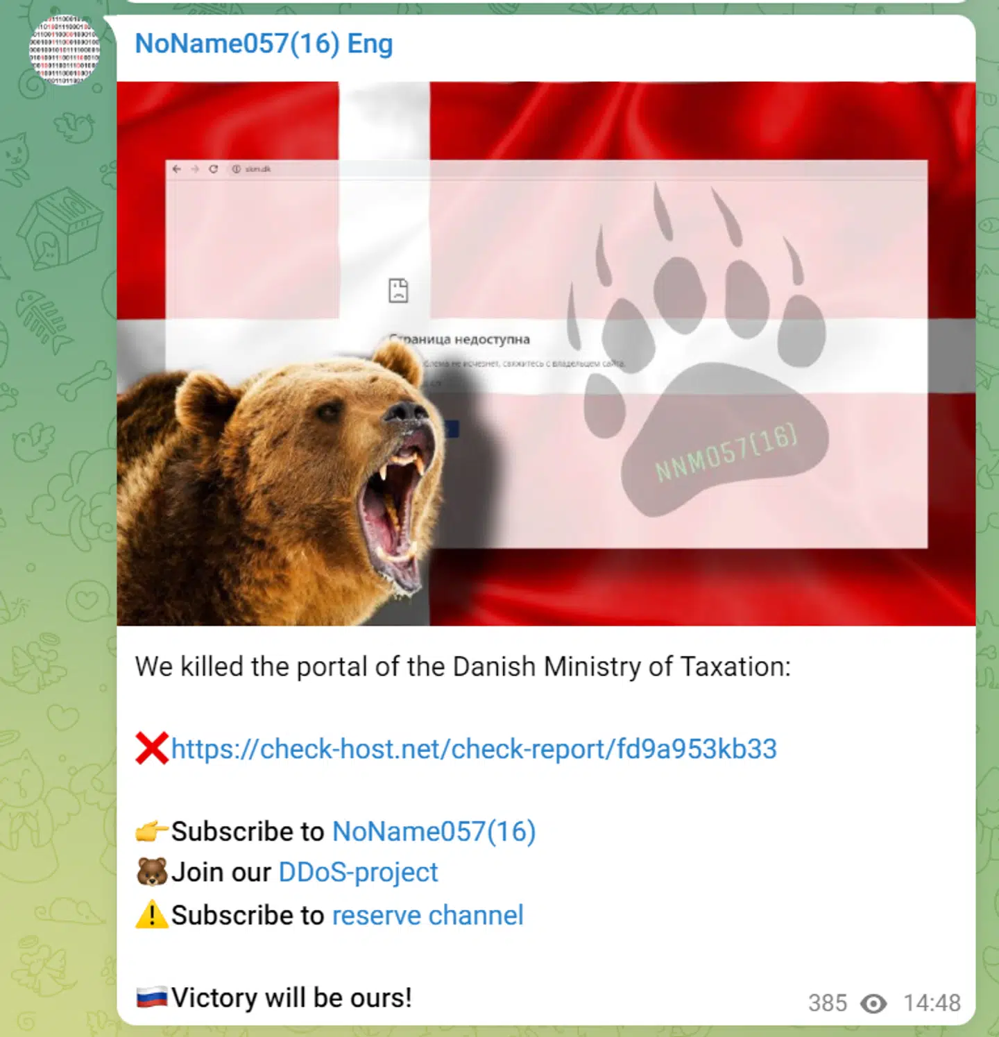 »Vi dræbte Skatteministeriets hjemmeside!«, skriver NoName057(16) på Telegram.