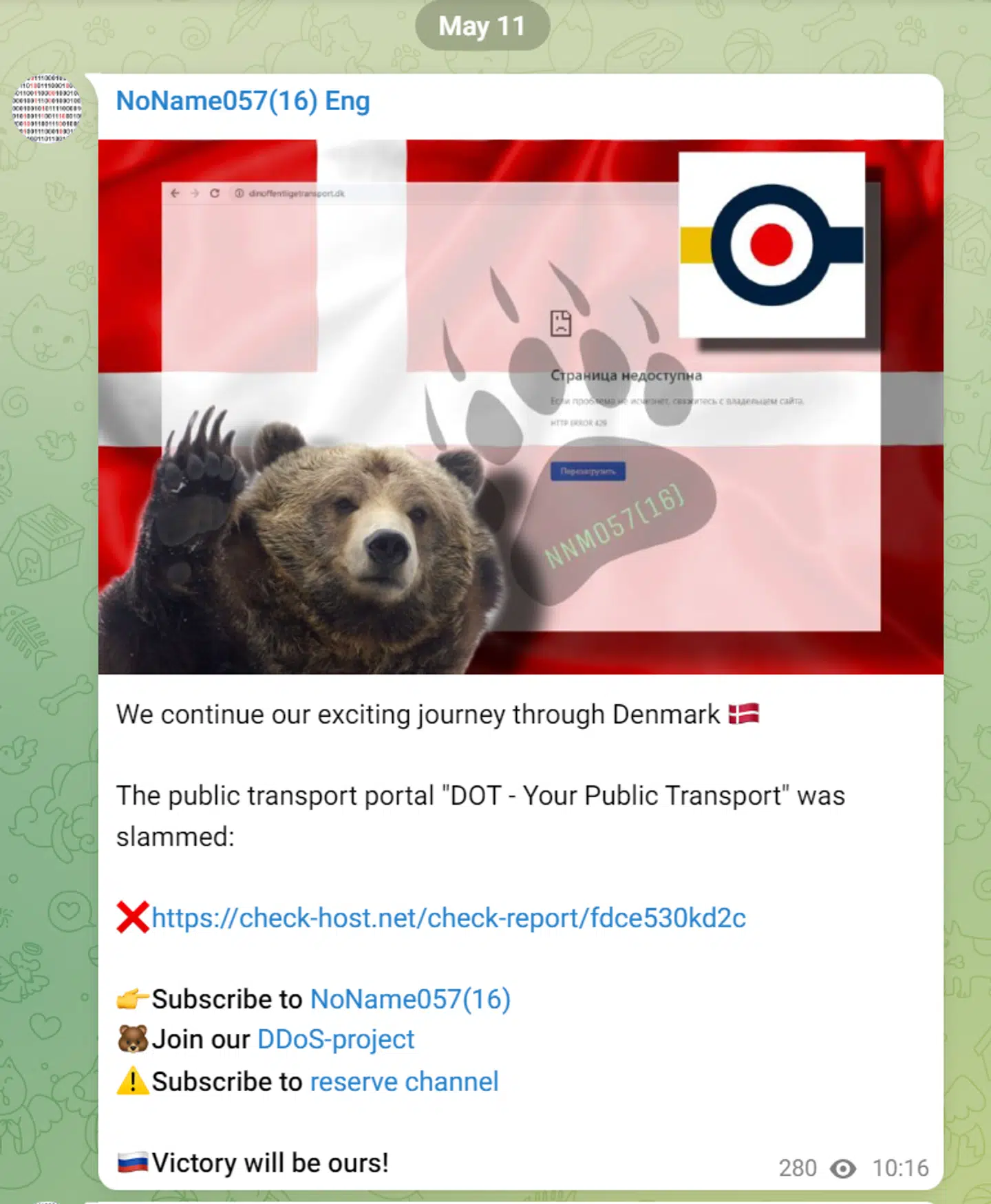 »Vi fortsætter vores spændende rejse gennem Danmark,« skriver NoName057(16) på Telegram.