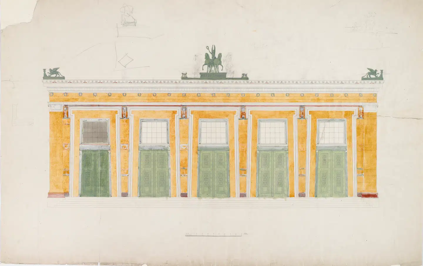 I Bindesbølls skitse til vestfacaden ser man, at han allerede i 1840 havde bestemt sig for den kraftige kolorit.