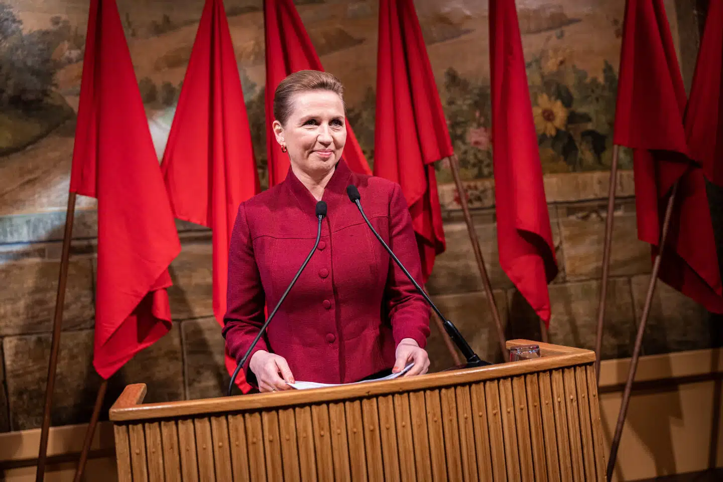 Statsminister Mette Frederiksen (S) holdt 1. maj-tale på Arbejdermuseet i København. Et møde arrangeret af Socialdemokratiet i hovedstaden.