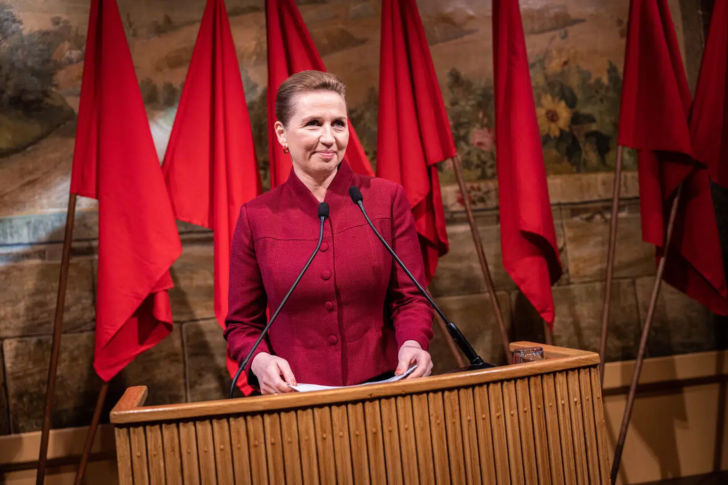 Statsminister Mette Frederiksen (S) holdt 1. maj-tale på Arbejdermuseet i København. Et møde arrangeret af Socialdemokratiet i hovedstaden.