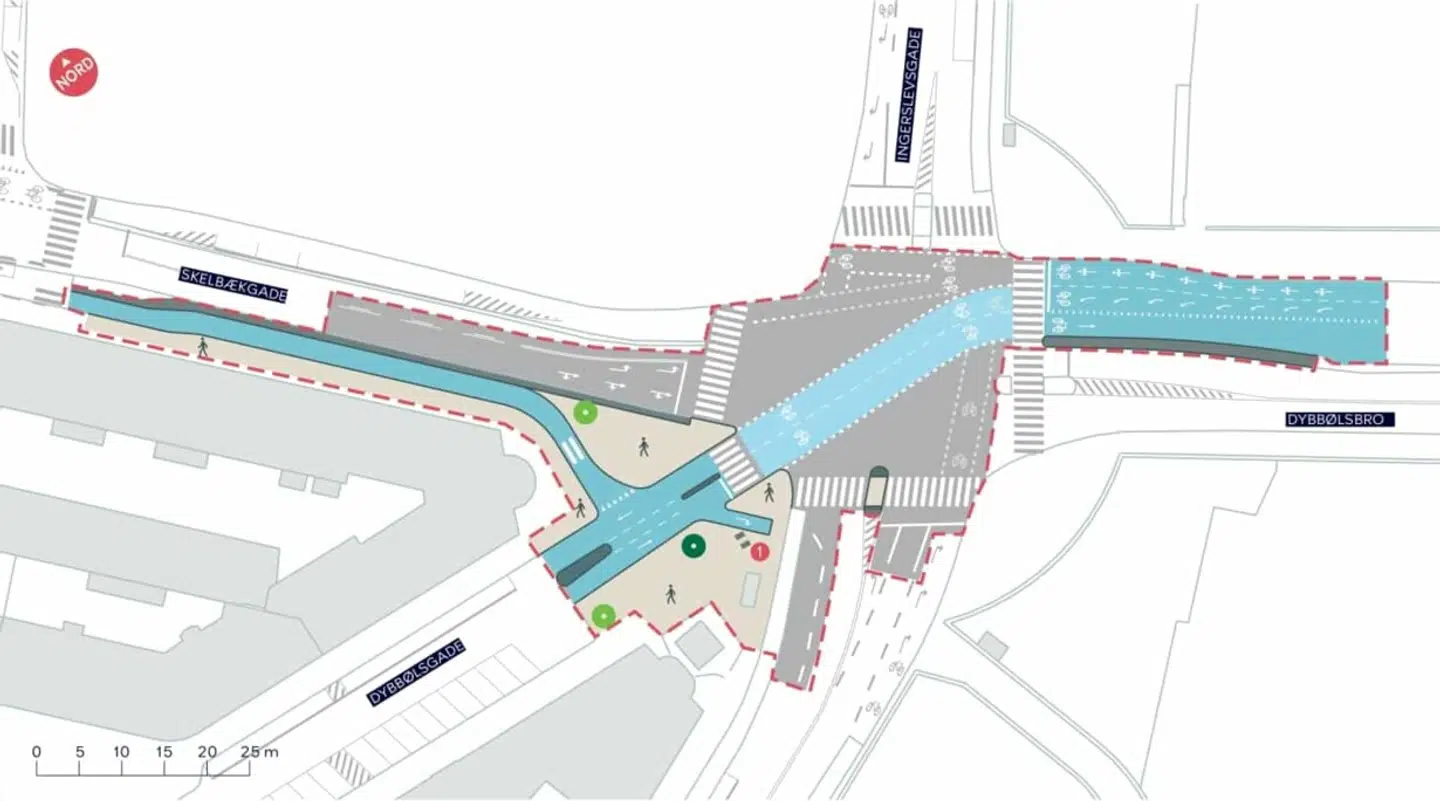 Den flersporede cykelsti skal gå tværs over krydset fra Dybbølsgade og Ingerslevsgade gennem Yrsas Plads. Illustration: Københavns Kommune.