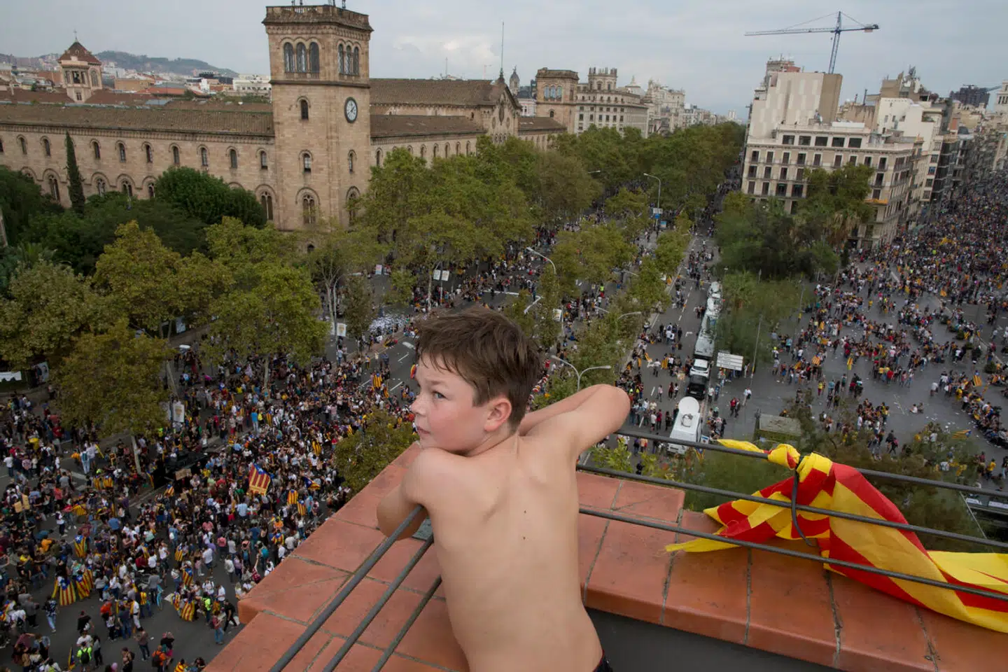 En dreng i badebukser kigger ud over byen fra en rooftop-pool i centrale Barcelona. Foreløbig er hotellerne undtaget fra de vandrestriktioner, der er indført som følge af tørken. Men bliver dette ved med at gå?