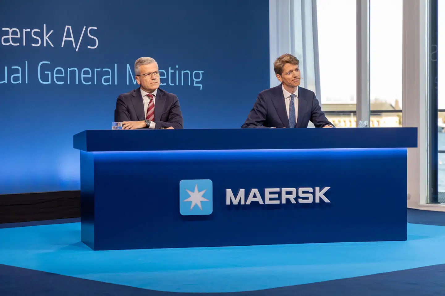 Mærsk-topchef Vincent Clerc (tv.) og bestyrelsesformand Robert Uggla stod i spidsen for generalforsamlingen, som i år var uden fysisk fremmøde og kun med skriftlige spørgsmål.