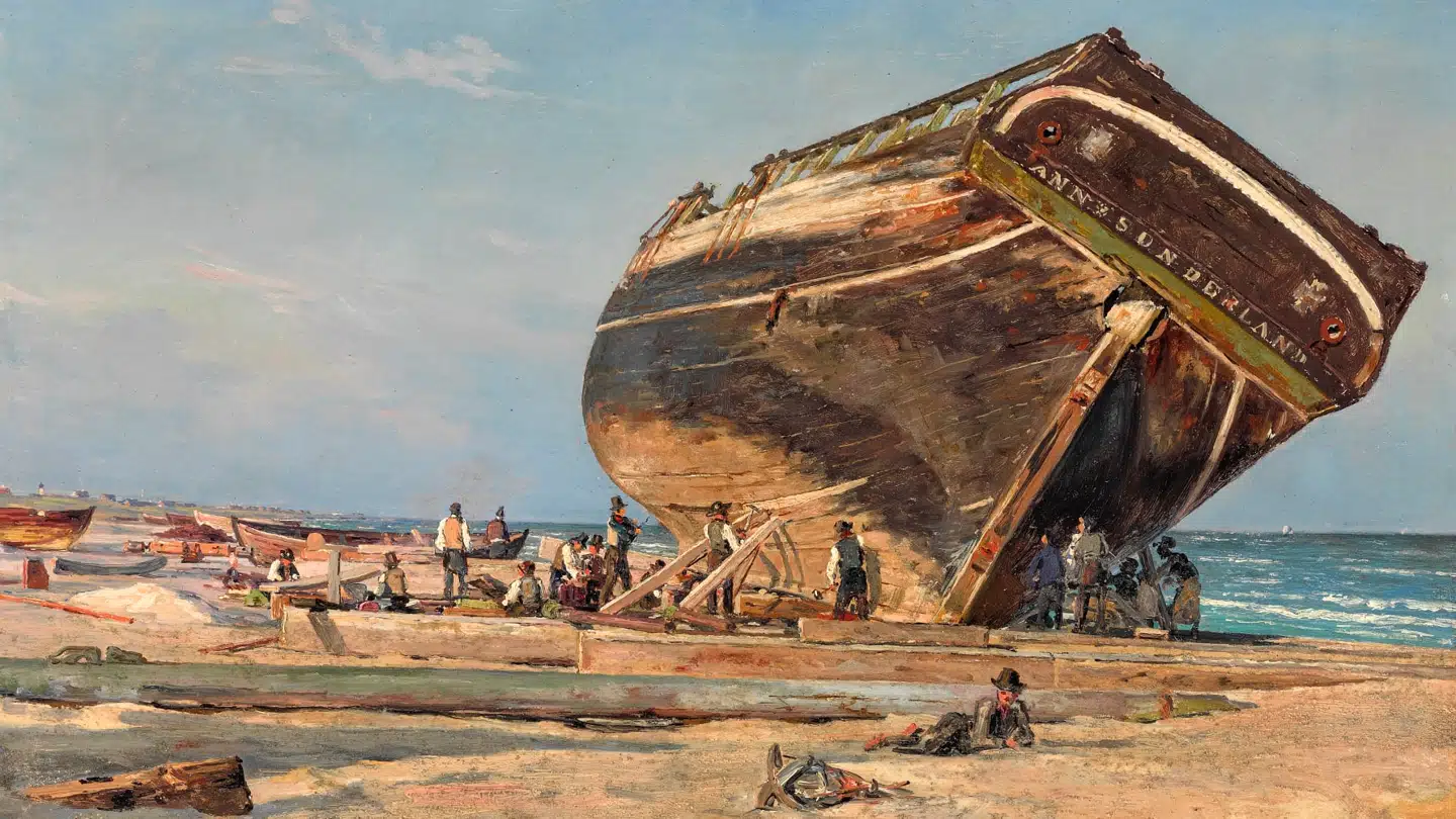 Martinus Rørbye (1803-1848) – »Et stort skib under kalfatring ved Frederikshavn« fra 1847.