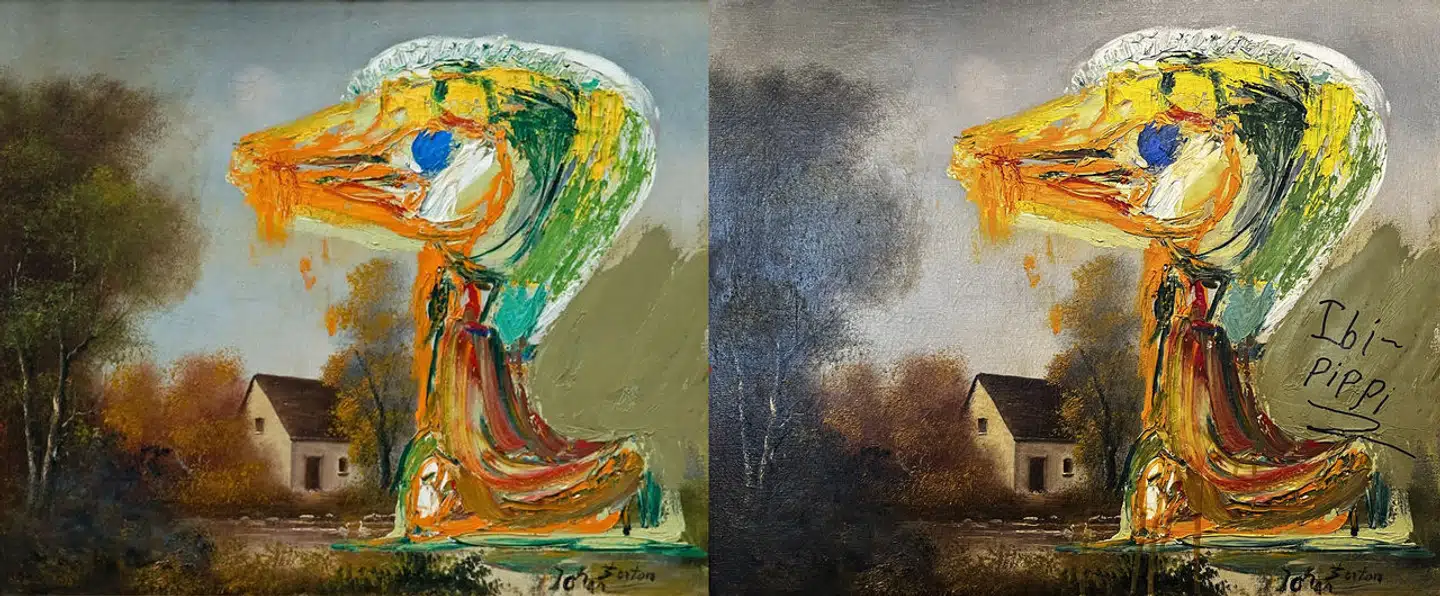 Asger Jorn malede »Den foruroligende ælling« ovenpå et landskabsmaleri, som han havde købt på et loppemarked. Med sit hærværk havde Ibi-Pippi Orup Hedegaard tænkt sig at skabe en debat om ejerskab over kunst. Forskellen i farvetonerne skyldes affotograferingen.