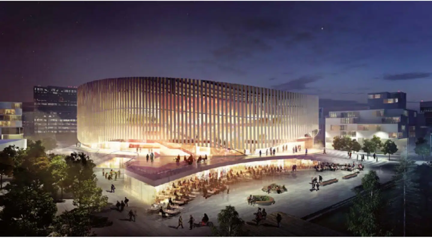 En illustration fra tegnestuen 3XN viste, hvordan arenapladsen kunne opleves som »en samlende flade hvor plintens udformning skaber intime lommer til cafeer og restauranter,« fremgår det af lokalplanen. Illustration: Tegnestuen 3xN.