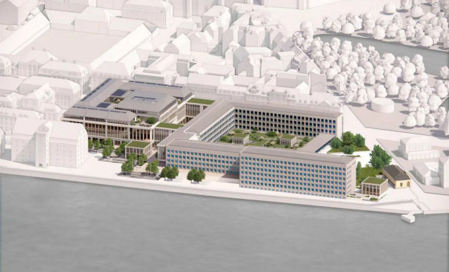 Mærsk har selv storstilede planer om at forny sit hovedkvarter og vil i den forbindelse gerne forære en ny plads til københavnerne, som skal hedde »Den Blå Plads«. Visualiseringen viser et eksempel på et nyt hovedkvarter i overensstemmelse med lokalplanen. Illustration: Dorte Mandrup A/S