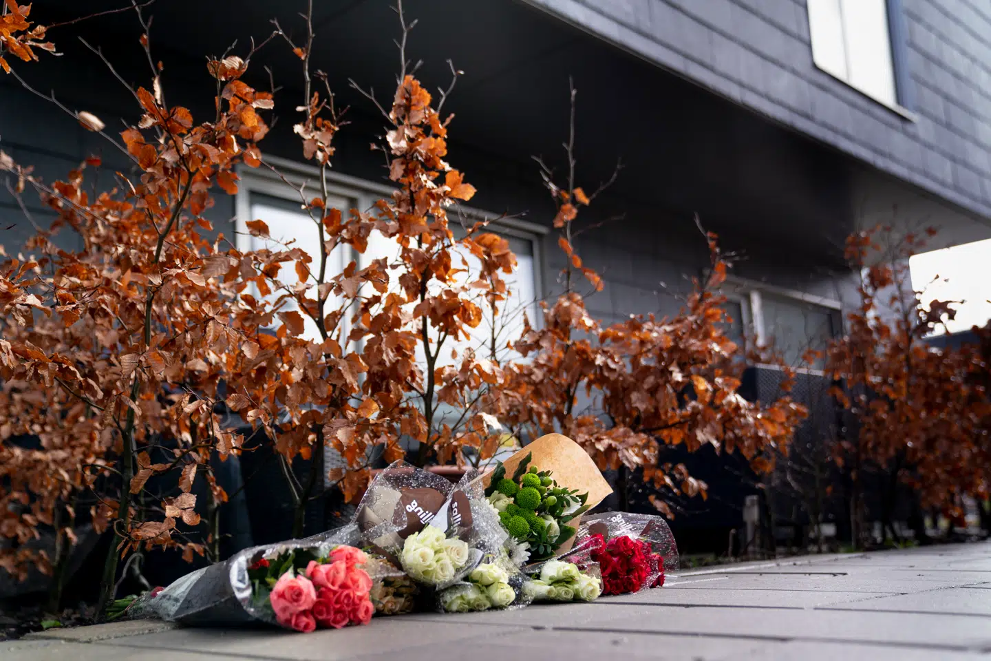 Blomster på gerningssted på Skjebjerg allé i Taastrup tirsdag den 7. marts 2023. Mandag mistede to unge mænd livet efter at være blevet stukket ned.