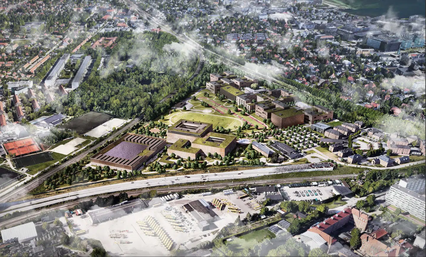 Lige nu er det planen, at hovedkvarteret kan tages i brug 1. juli 2027. Det kommer til at fylde omkring 50.000 kvadratmeter. Visualisering: Vilhelm Lauritzen Arkitekter