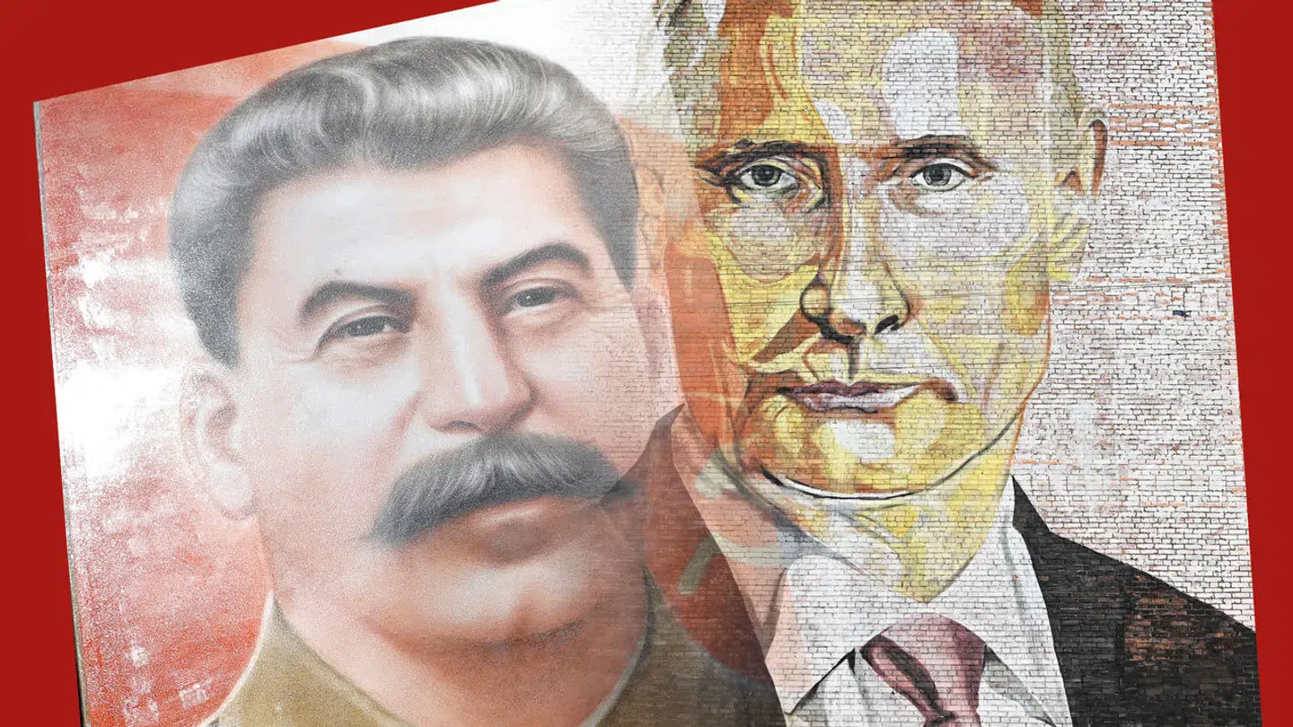 Stalin og Putin på et vægmaleri i Georgien – deres regimer benyttede eller benytter begge »ruslandskendere«, som gav eller giver deres narrativ troværdighed i Vesten, siger kritikere.
