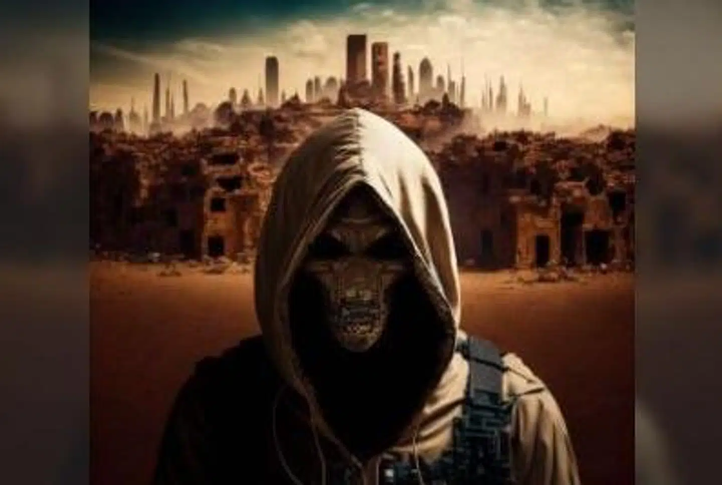 »Anonymous Sudan«-profilen på Telegram bruger gentagne gange et motiv af en hætteklædt maskeret skikkelse i et ørkenlandskab.