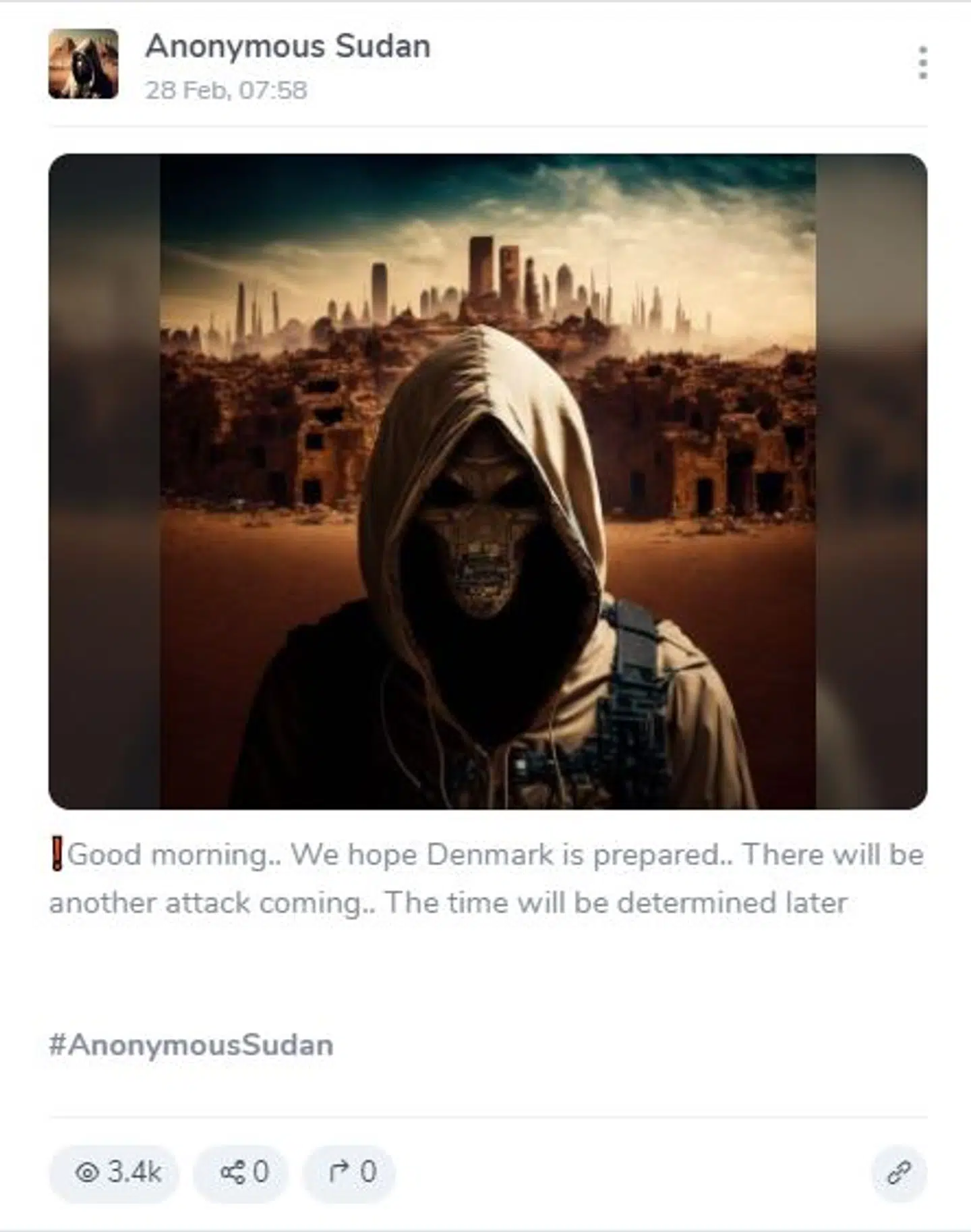 Opslag af »Anonymous Sudan«-profilen på Telegram tirsdag morgen. Tidsangivelsen afspejler, at opslaget er delt i en tidszone, som er foran den danske.