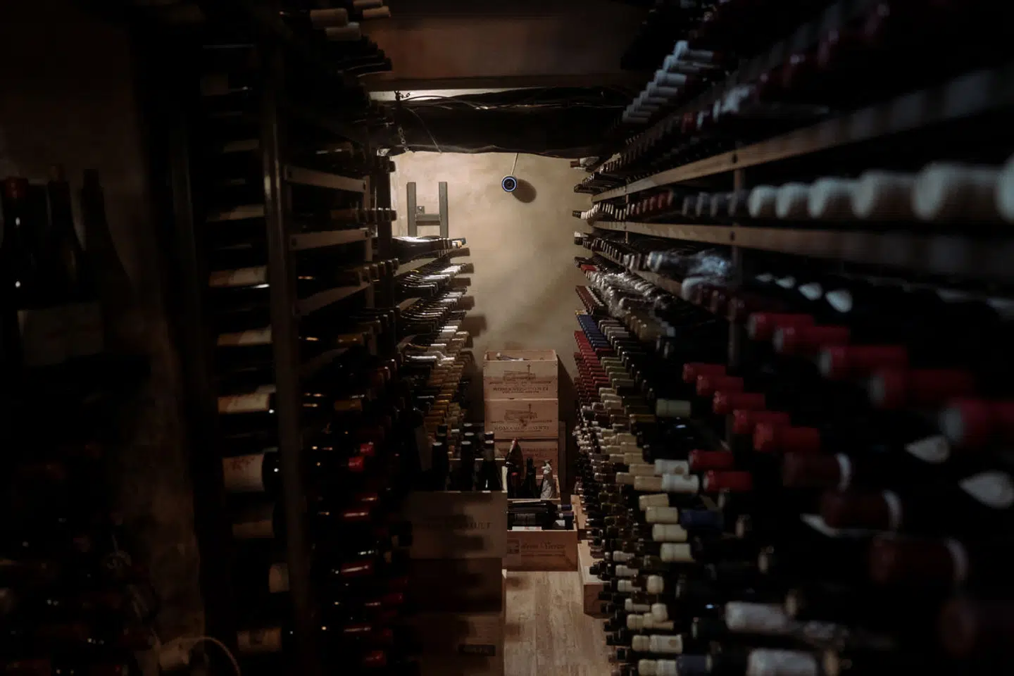 Vinkælderen i Michelin-restauranten formel B. Bagest kan man se væggen, hvor tyvene sneg sig ind gennem et hul, de havde boret.