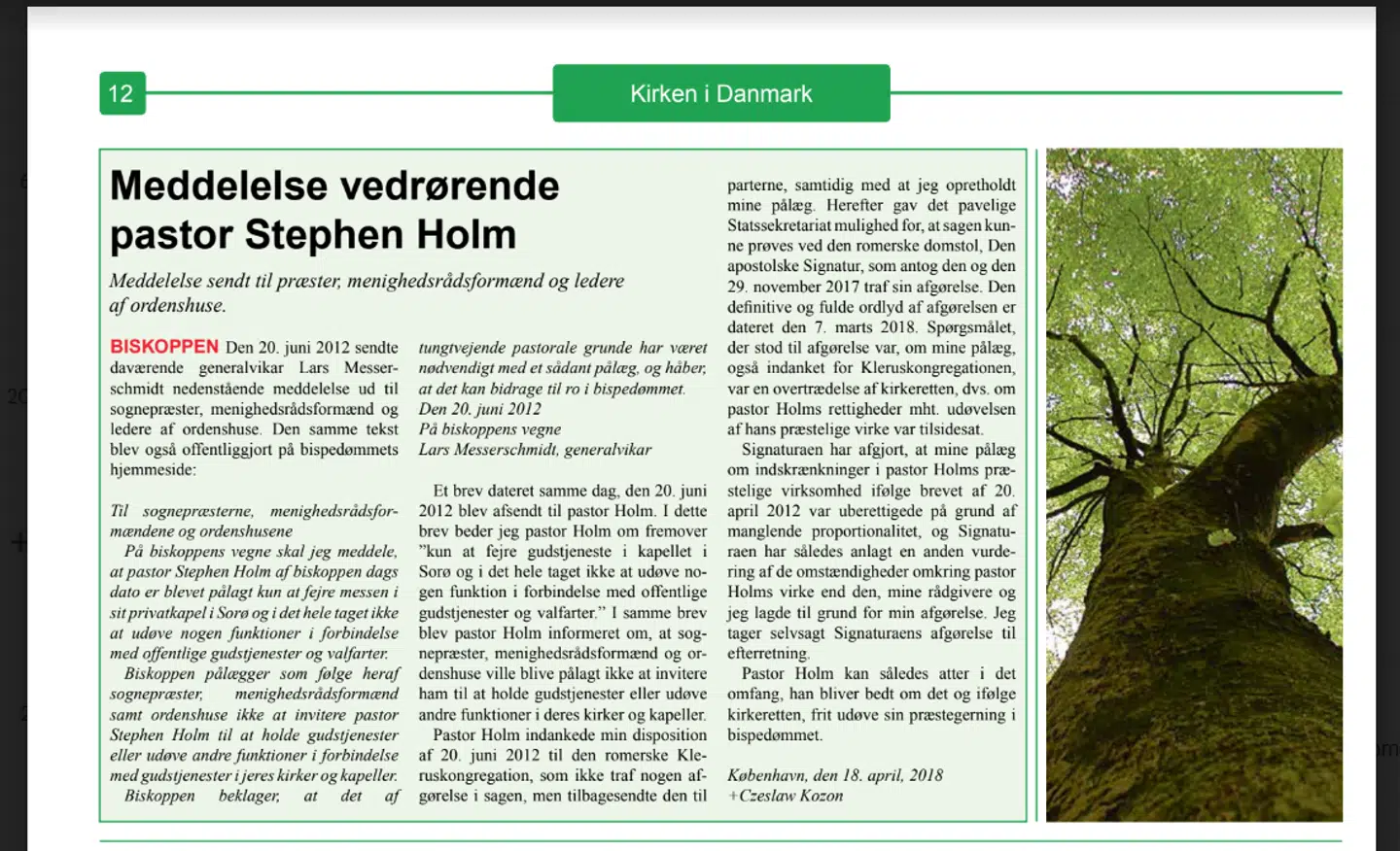 I medlemsbladet Katolsk Orientering nr. 6 blev notitsen om pastor Stephen Holm bragt i 2018.