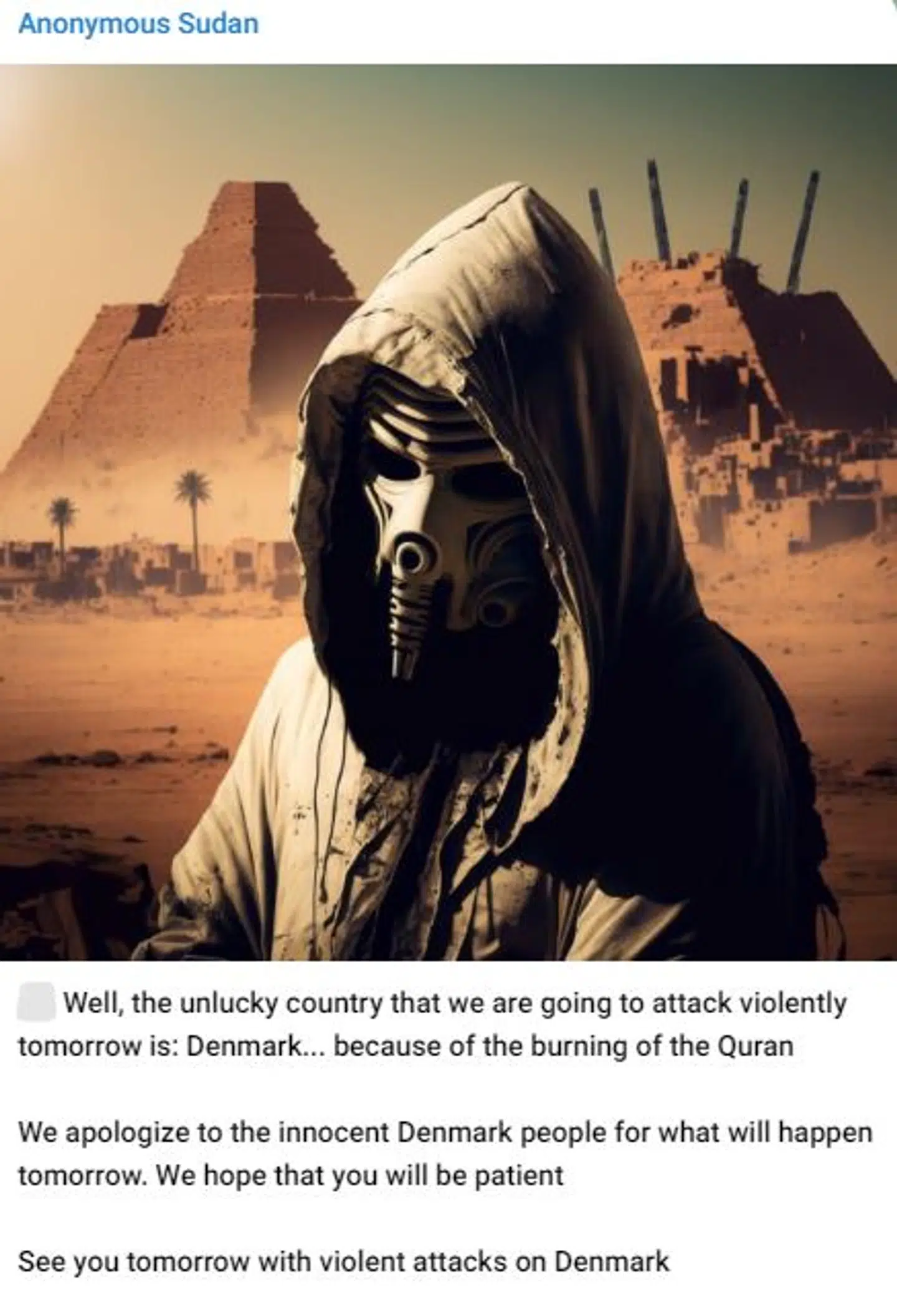 Sådan lød det tirsdag aften på Anonymous Sudans Telegramkanal.