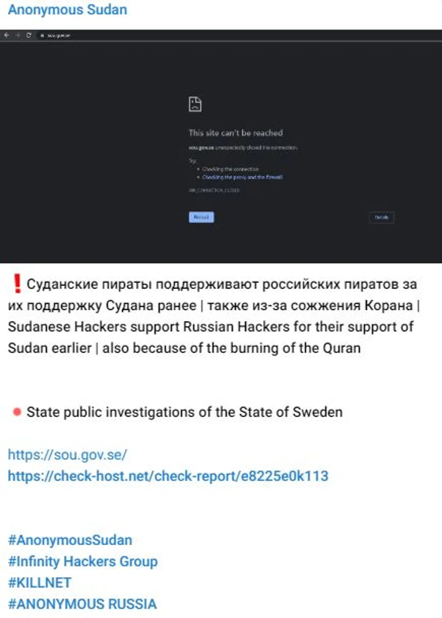 Hashtags henviser til den belarusiske hackergruppe Infinity Hackers og den prorussiske gruppe Killnet.