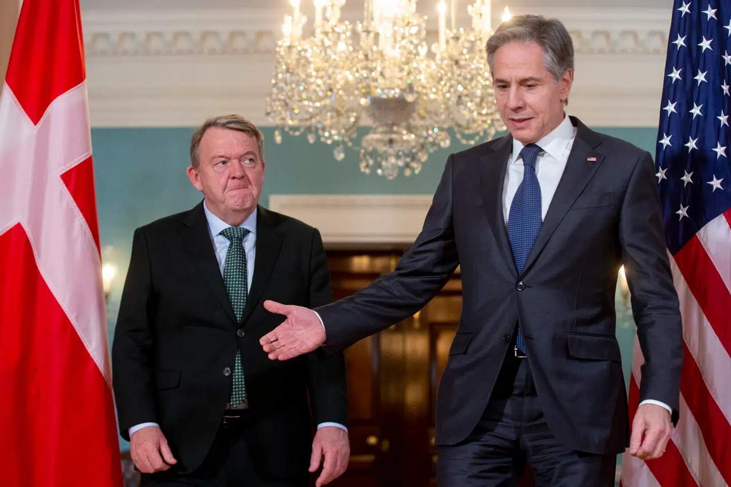 Lars Løkke Rasmussen og Antony Blinken hilste på fotograferne, inden de holdt et cirka 40 minutter langt møde.