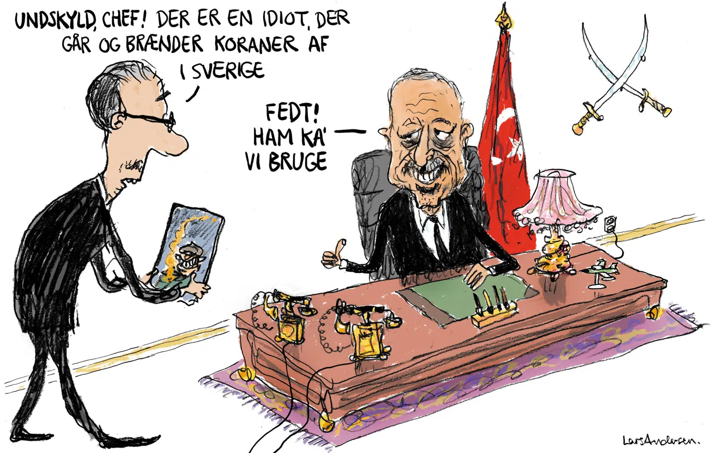 Rasmus Paludan bød med sin koranafbrænding tyrkiets præsident Erdogan op til dans, og Erdogan reagerede som forventet. Det gør imidlertid ikke Rasmus Paludan til problemet, når Erdogan nu nægter at godkende Sveriges optagelse i NATO, skriver Tom Jensen i denne leder. Tegning: Lars Andersen