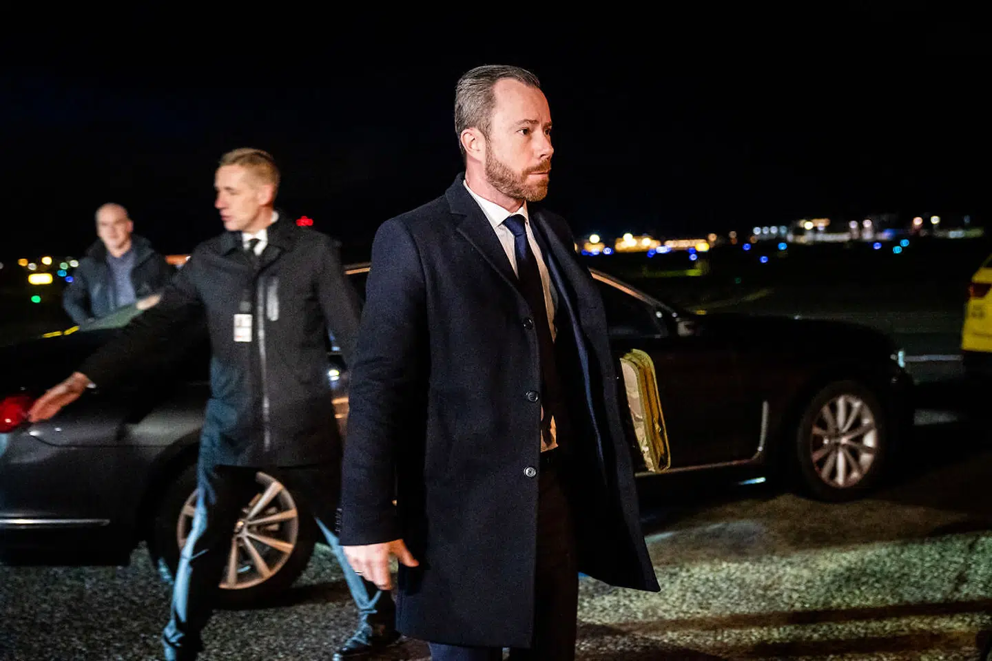 Forsvarsminister Jakob Ellemann-Jensen (V) på vej til møde fredag 20. januar med allierede fra mere end 40 lande for at diskutere det internationale samfunds støtte til Ukraine på Ramstein Air Base i Tyskland.