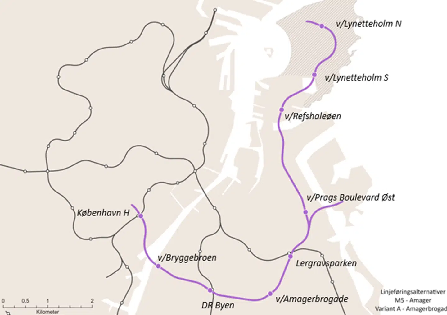 Sådan ser ønsket om en M5 Øst via Amagerbrogade med ni stationer ud.