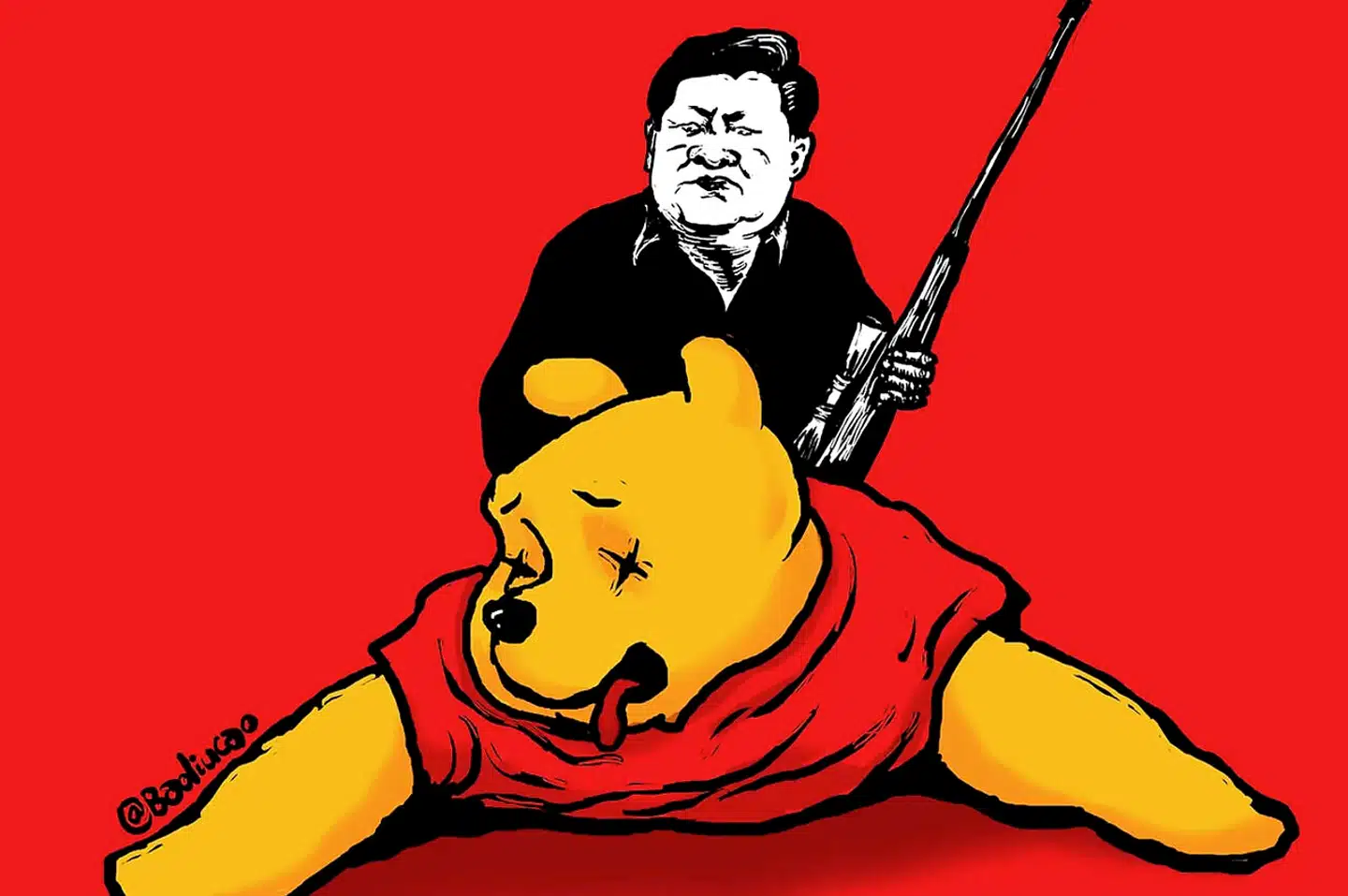 »Xi Is Going On A Bear Hunt« (Xi skal på bjørnejagt, red.) er kunstneren Badiucaos mest kendte værk. Xi Jinping har fået Peter Plys forbudt i Kina, da mange sammenlignede præsidentens udseende med den plyssede bjørn. Badiucao bor i dag i selvvalgt eksil, men selv udenfor Kinas grænser har han svært ved at finde udstillingssteder til sin kunst.