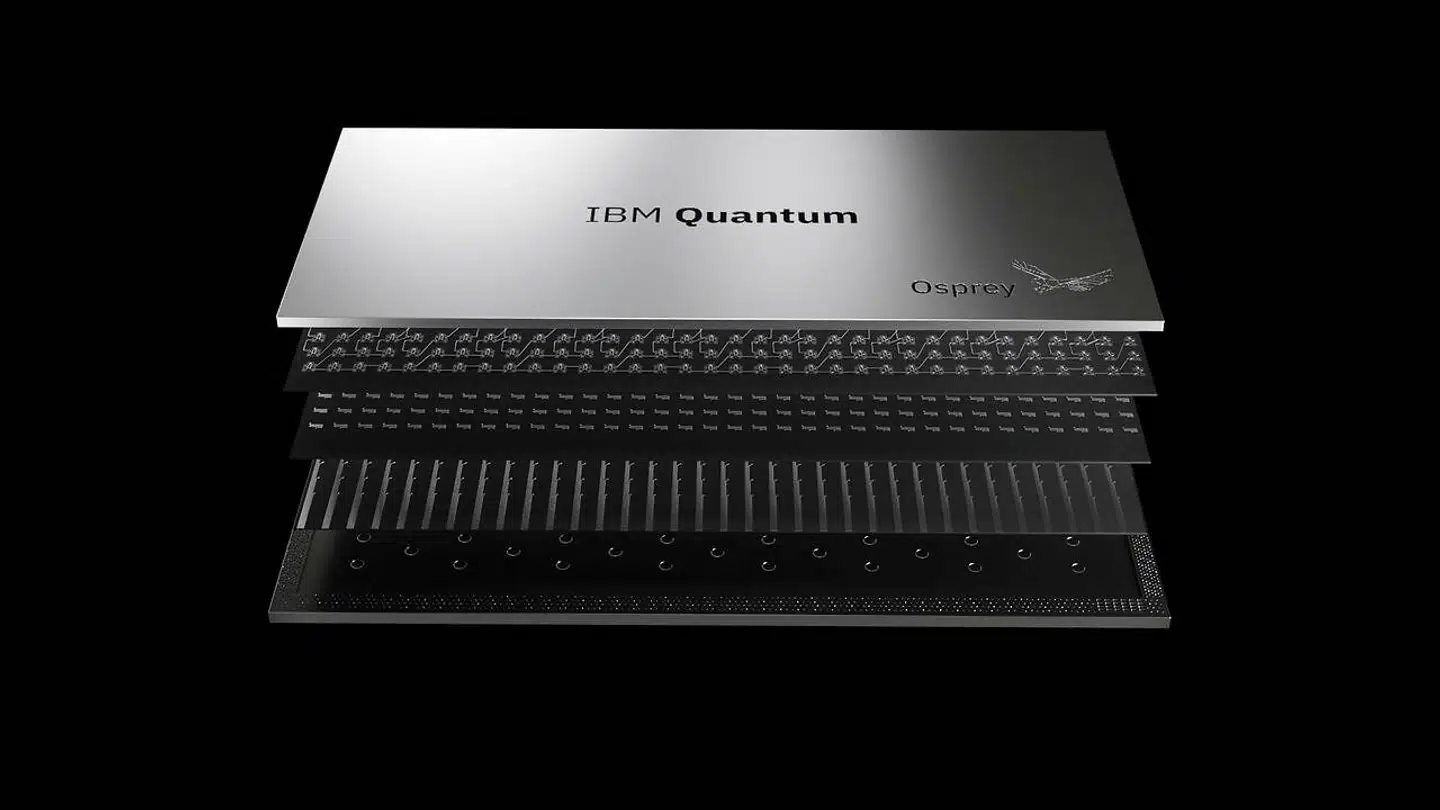 En computergengivelse af IBMs Osprey-chip med 433 kvantebit. En egentlig kvantecomputer med den som hjernen vil være klar i løbet af næste år.