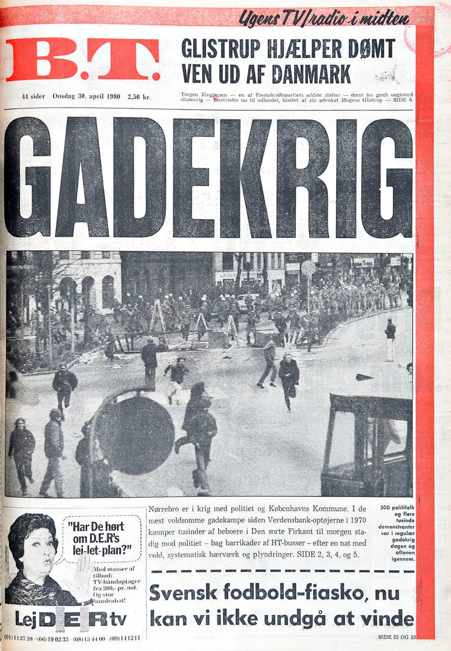 Forside af BT. 30 april 1980 med historien om de voldelige demonstrationer mod planerne for Den Sorte Firkant på Nørrebro i København.