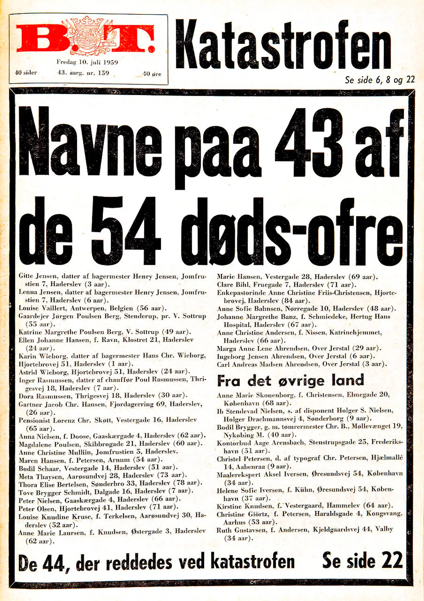 B.T.s forside fra 10. juli 1959, hvor avisen bragte navnene på ofrene for katastrofen på Haderslev Dam to dage tidligere. 57 mistede livet, da der gik brand i en turbåd.