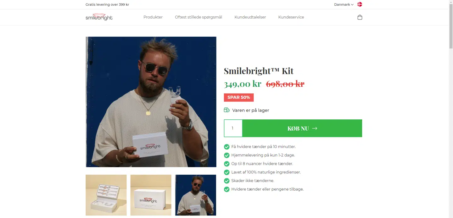 Screenshot fra den lukkede hjemmeside for Smilebright. Produktet blev markedsført af en lang række influencere, heriblandt radio- og tv-vært Peter Falktoft. Han og de andre reklamesøjler vidste ikke, at produktet var ulovligt og farligt.