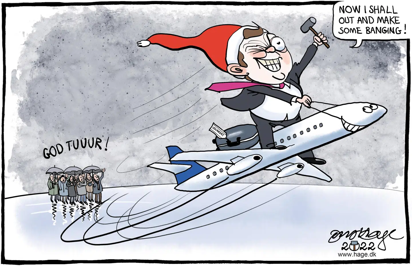 Som ny udenrigsminister skal Lars Løkke være meget væk fra sin uerfarne folketingsgruppe. Tegning: Jens Hage