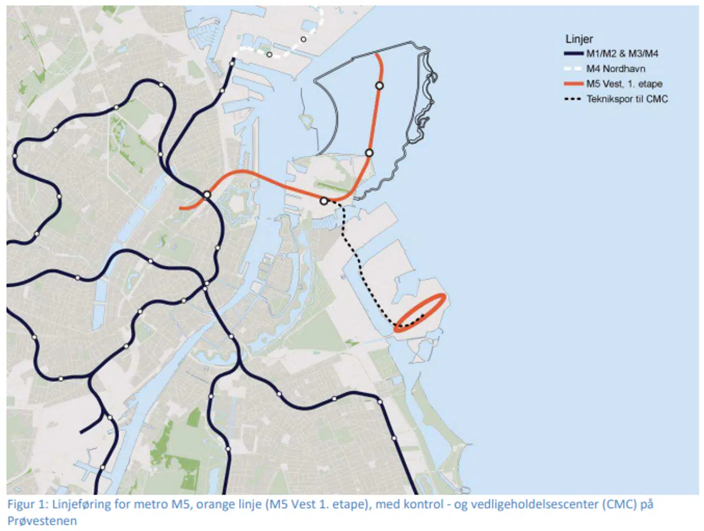 Figuren viser linje M5 Vest (1. etape) som beskrevet i notatet.