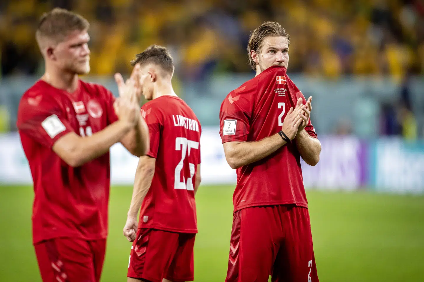 Skuffelsen var enorm blandt de danske spillere efter 0-1-nederlaget til Australien onsdag. Mads Claus Rasmussen/Ritzau Scanpix