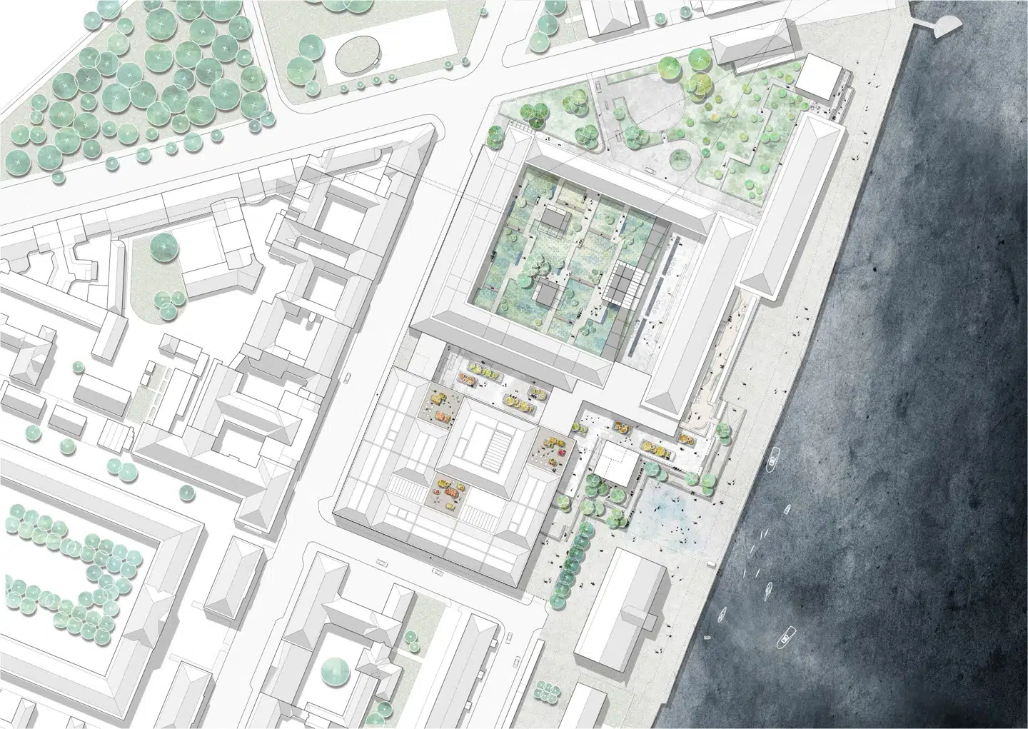 På denne plan kan man se, hvordan det foreslåede projekt kobler sig på det eksisterende Mærsk-hovedkvarter. Bemærk de to kvadratiske pavilloner, der efter planen skal rumme udeservering og cafeer af en eller anden art.