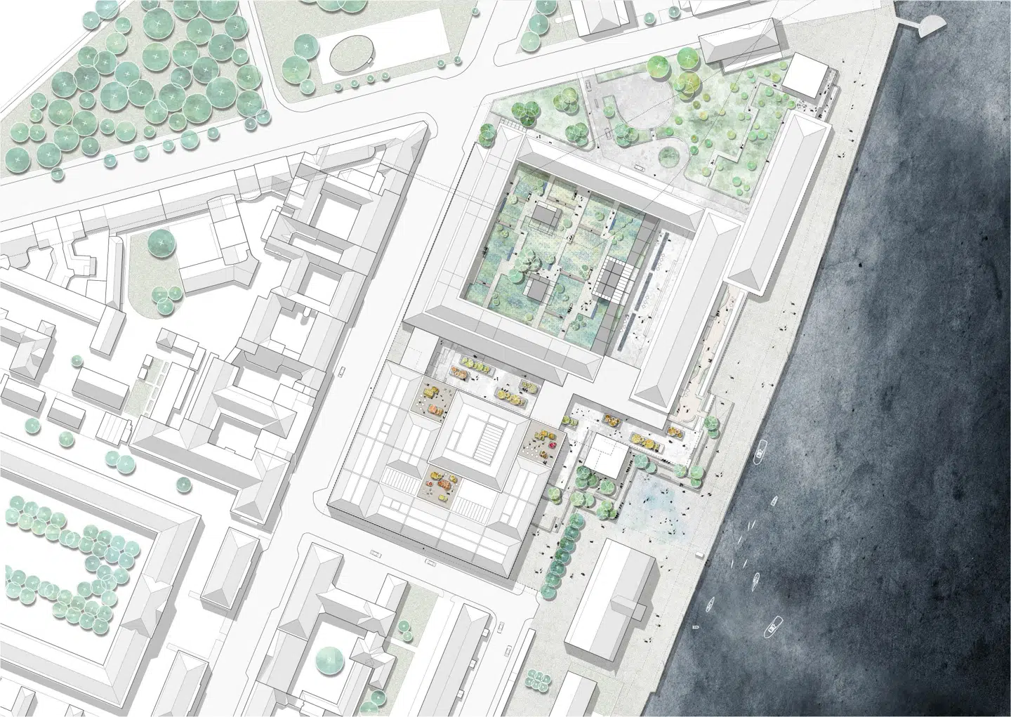 På denne plan kan man se, hvordan det foreslåede projekt kobler sig på det eksisterende Mærsk-hovedkvarter. Bemærk de to kvadratiske pavilloner, der efter planen skal rumme udeservering og cafeer af en eller anden art.