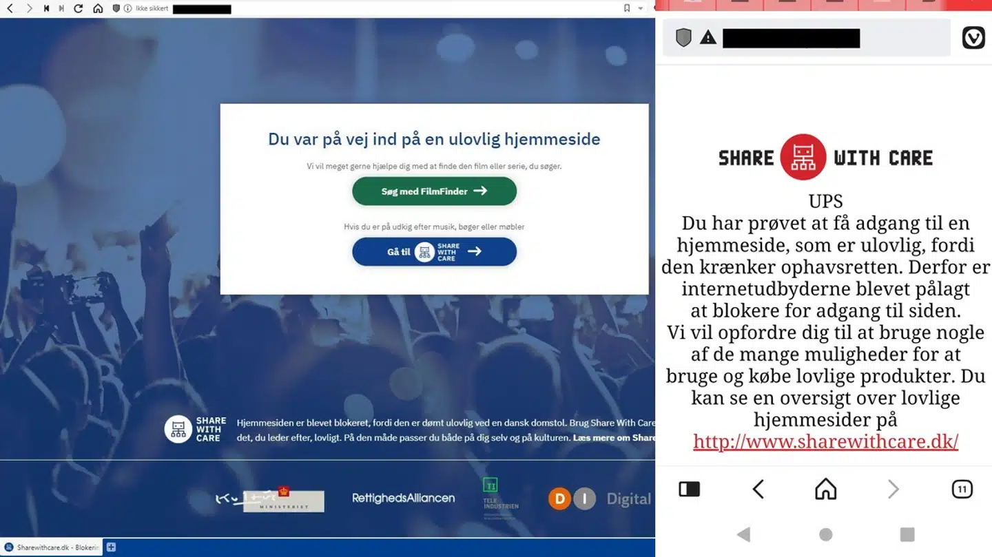 Danske tele- og internetudbydere spærrer i dag for en lang række internetadresser, som domstole har nedlagt forbud mod – først og fremmest fordi de tilbyder piratkopier af musik eller film men også for en række sider med russisk krigspropaganda. Hvis man forsøger at tilgå en spærret side, får man en advarsel op på sin skærm, til venstre på en pc, til højre på en mobiltelefon for den samme adresse, som vi her har valgt at anonymisere.