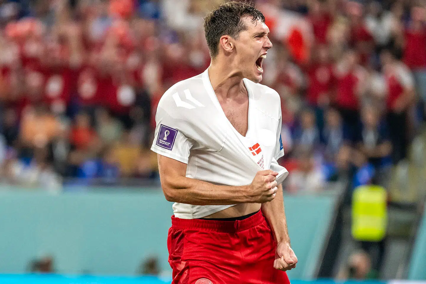 Fodbold VM i Qatar. Danmarks anden kamp ved VM i fodbold. Danmark-Frankrig på Stadion 974. Andreas Christensen har udlignet til 1-1.