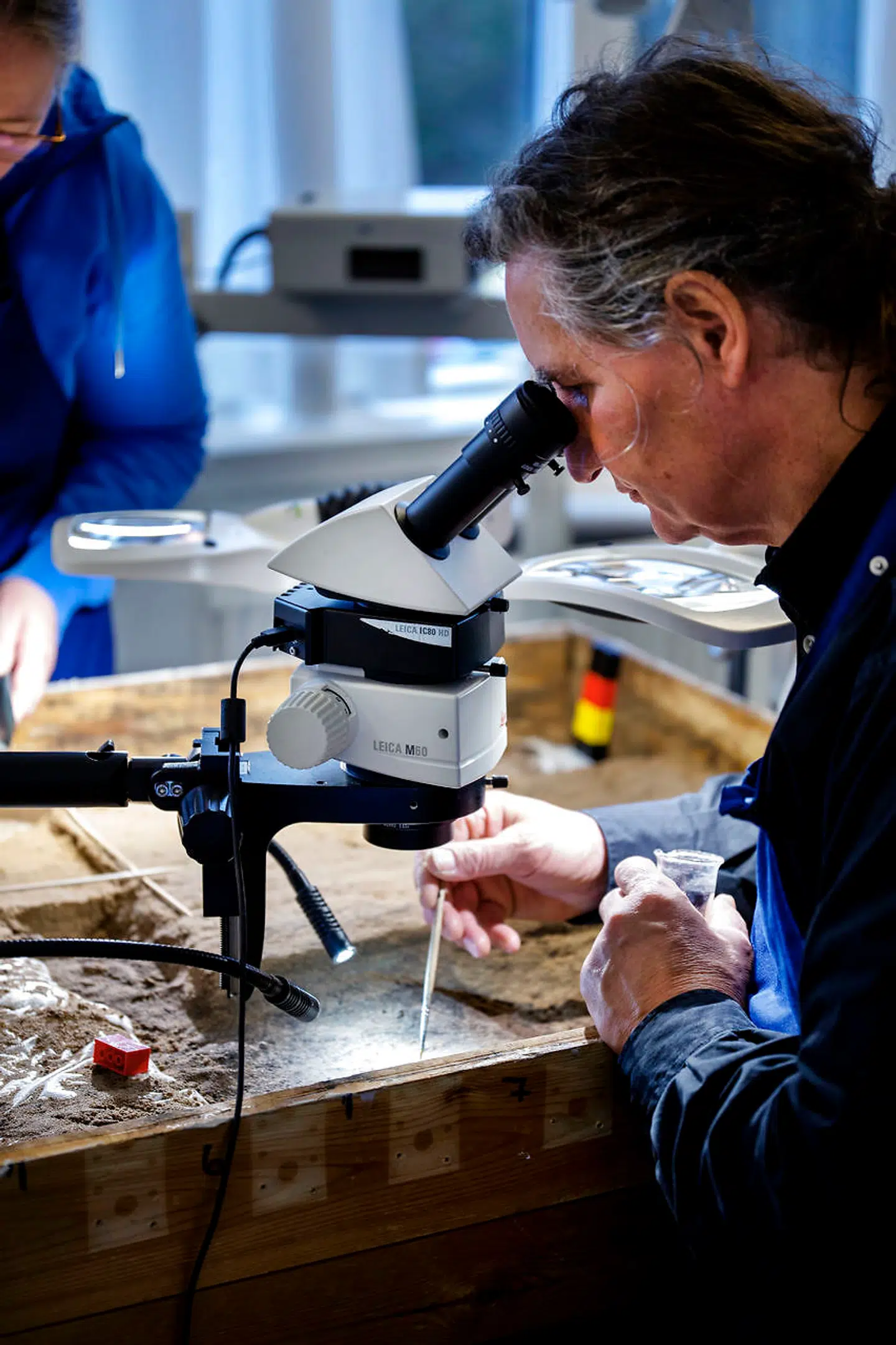 Konservator Gerd Niebrich fra Museum Midtjylland arbejder med pensel, spotlys og overflademikroskop med gravfundet, som museet har døbt Pepita-Preben, fordi den afdøde i graven er iklædt et tekstil, som er pepita ternet.