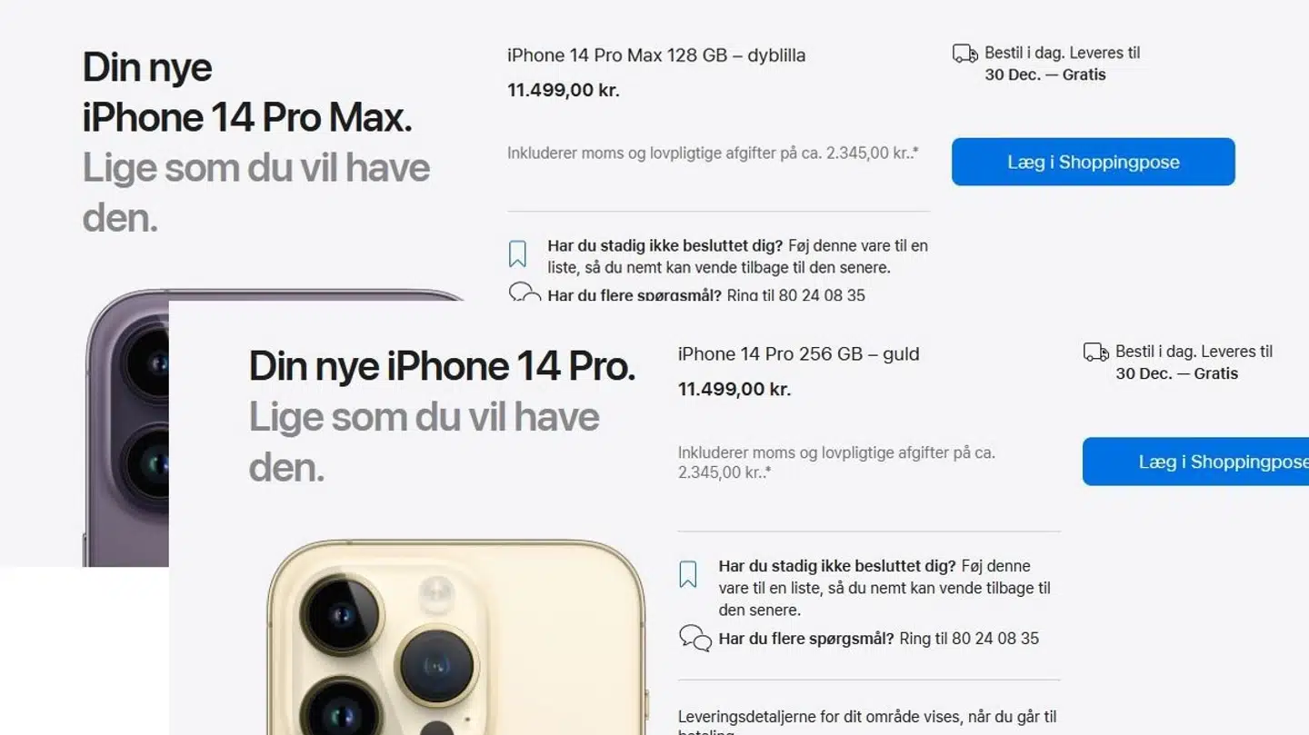 30. december – så lang tid går der, hvis man i dag gennem Apples danske netsted bestiller en af de nye iPhone 14-telefoner.