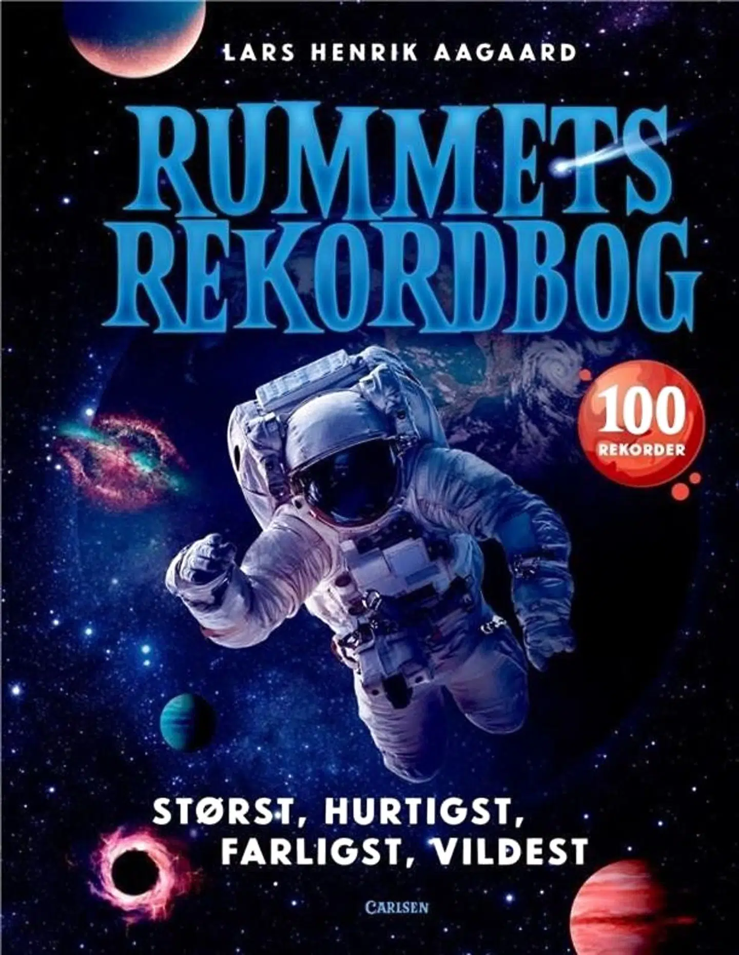 »100 af rummets vildeste rekorder forklaret så børnene kan forstå det. Det er, hvad Lars Henrik Aagaard formidler i »Rummets Rekordbog«, der viser børn, forældre og andre nysgerrige væsner nogle ret bjergtagende rekorder om alt det over os.«