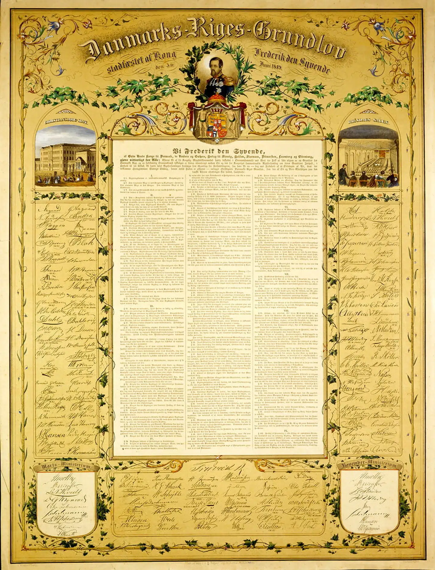 Danmarks Riges Grundlov. Grundloven i sin første udformning fra 1849. Grundlovgivernes underskrifter omkranser lovteksten. Jacob Danneskiold-Samsøe gør i sin bog opmærksom på, at kun 15 procent af den danske befolkning fik stemmeret med Grundlovens indførelse.